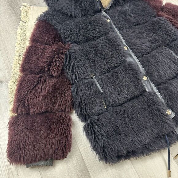 Rare Tommy Hilfiger Fur Coat Shearling Hooded Jacket Navy Burgundy Size 2 - Picture 5 of 12